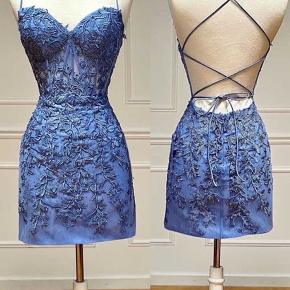 Dreamdressy Periwinkle Blue Appliqués Sweetheart Lace-Up Mini Party Dress.